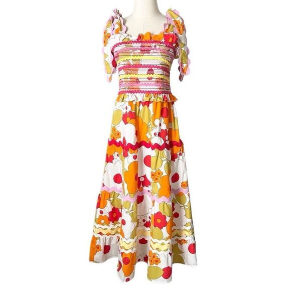 CeliaB Floral Sunstone Midi Dress Size Large Colorful Tie Straps Tiered - Picture 1 of 7